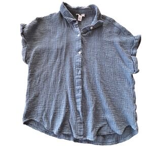 Jessica Simpson Gauze Button Down Shirt Womens Size L Blue Short Sleeve Flowy
